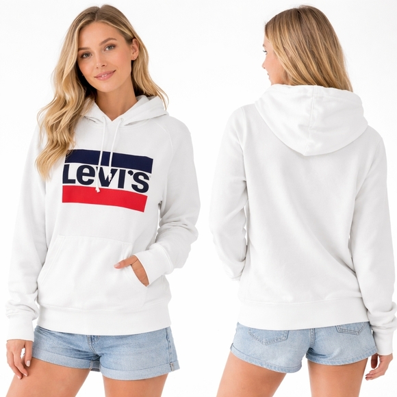 Levi's Tops - LEVIS Hoodie Womens Large White Red Blue Logo Graphic Streetwear Athleisure